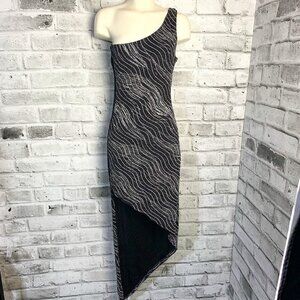 Vintage 90s Y2K One Shoulder Asymmetric High Low Hem Metallic Maxi Dress